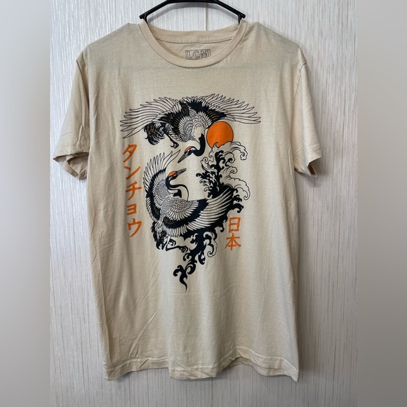 LCM Japan Graphic Crane Tee Tan Short Sleeve T-Shirt Size M - Picture 1 of 5